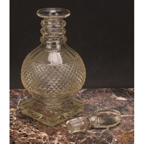 174 - A pair of large post-Regency hobnail-cut glass mallet shaped decanters, probably Irish, each with te... 