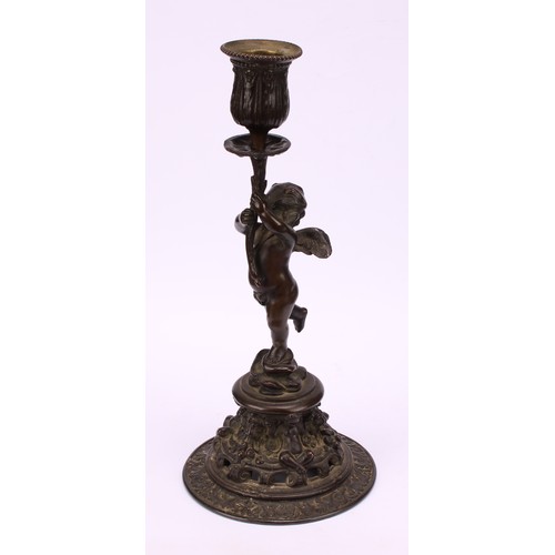 1569 - A pair of 19th century bronze figural candlesticks, cast in the renaissance revival taste as scantil... 