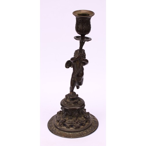 1569 - A pair of 19th century bronze figural candlesticks, cast in the renaissance revival taste as scantil... 