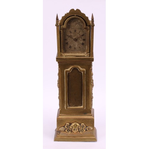 1915 - An early 20th century lacquered brass novelty timepiece, as a miniature longcase clock, 5cm arched s... 