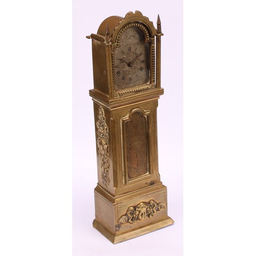 1915 - An early 20th century lacquered brass novelty timepiece, as a miniature longcase clock, 5cm arched s... 