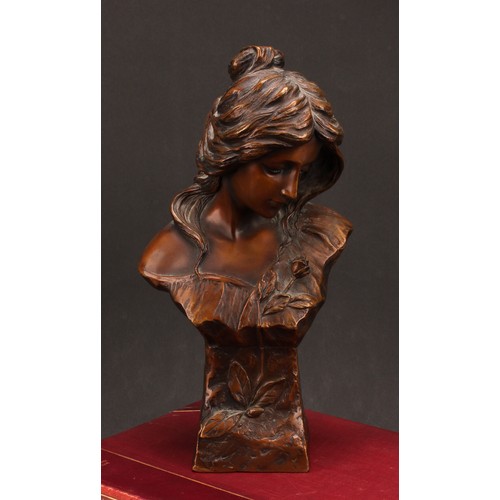 1574 - After Emmanuel Villanis, a brown patinated bronze bust, of an Art Nouveau beauty, signed in the maqu... 