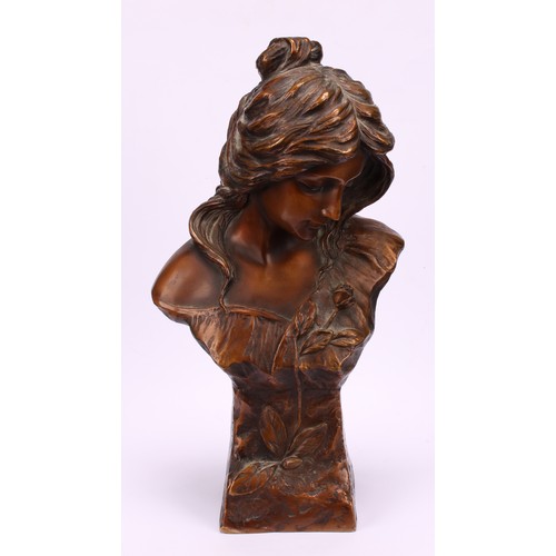 1574 - After Emmanuel Villanis, a brown patinated bronze bust, of an Art Nouveau beauty, signed in the maqu... 