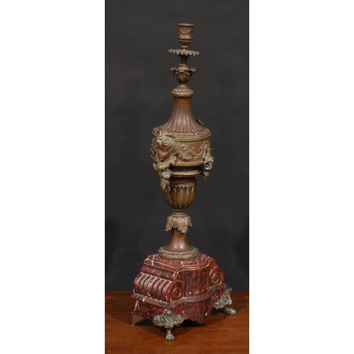 1367 - A French fin de siècle bronze and rouge marble table lamp, cast with masks, scrolls and acanthus, fr... 