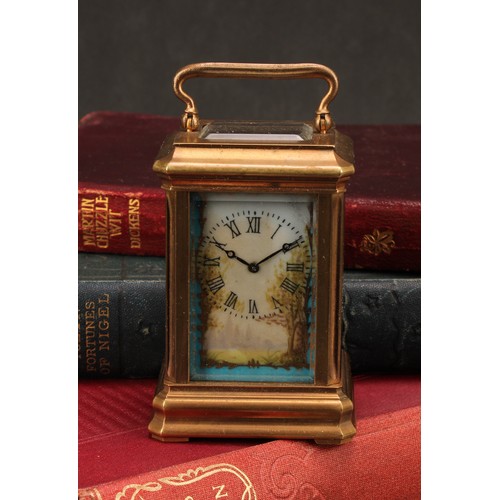 1879 - A French style porcelain mounted gilt brass miniature carriage timepiece, 3cm clock dial inscribed w... 