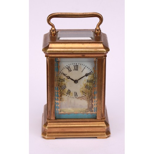 1879 - A French style porcelain mounted gilt brass miniature carriage timepiece, 3cm clock dial inscribed w... 