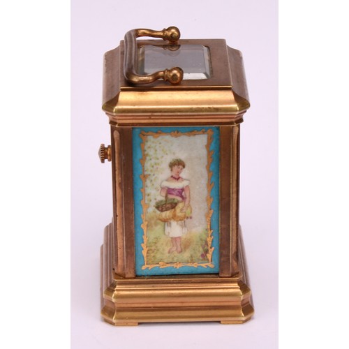 1879 - A French style porcelain mounted gilt brass miniature carriage timepiece, 3cm clock dial inscribed w... 