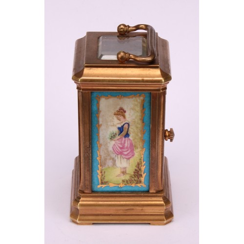 1879 - A French style porcelain mounted gilt brass miniature carriage timepiece, 3cm clock dial inscribed w... 