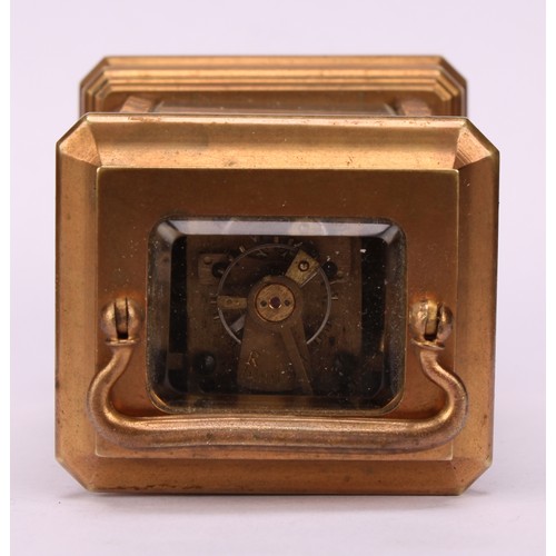 1879 - A French style porcelain mounted gilt brass miniature carriage timepiece, 3cm clock dial inscribed w... 