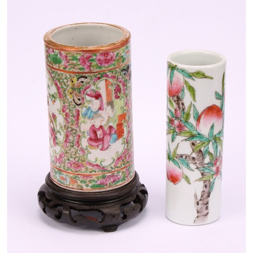 207 - A Chinese cylindrical bitong brush pot, painted in the Cantonese taste in the famille rose palette, ... 