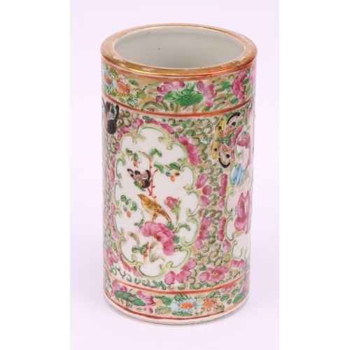 207 - A Chinese cylindrical bitong brush pot, painted in the Cantonese taste in the famille rose palette, ... 