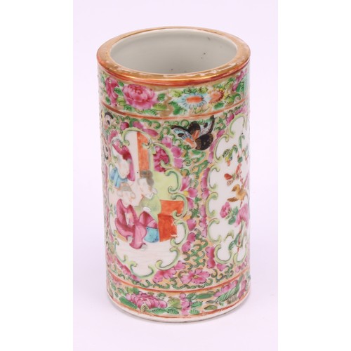 207 - A Chinese cylindrical bitong brush pot, painted in the Cantonese taste in the famille rose palette, ... 