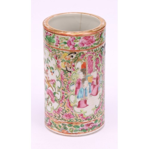 207 - A Chinese cylindrical bitong brush pot, painted in the Cantonese taste in the famille rose palette, ... 