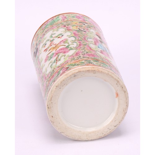 207 - A Chinese cylindrical bitong brush pot, painted in the Cantonese taste in the famille rose palette, ... 