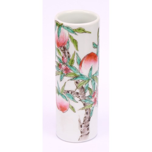 207 - A Chinese cylindrical bitong brush pot, painted in the Cantonese taste in the famille rose palette, ... 