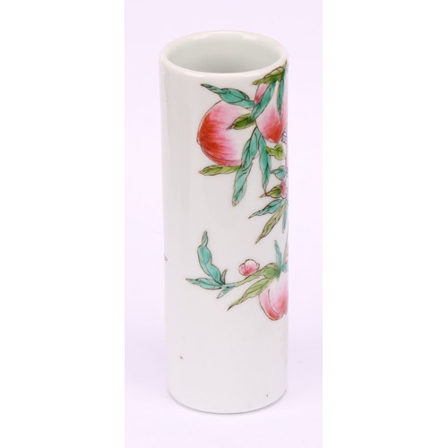 207 - A Chinese cylindrical bitong brush pot, painted in the Cantonese taste in the famille rose palette, ... 