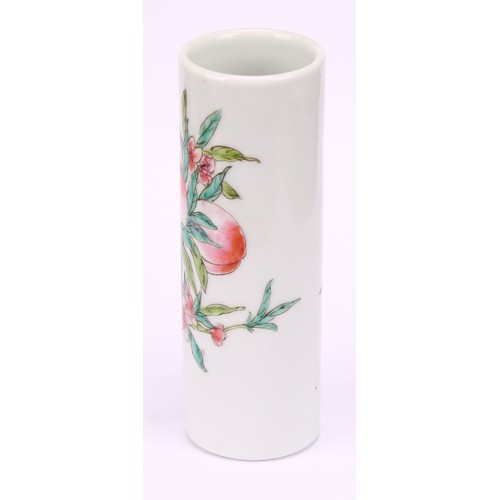 207 - A Chinese cylindrical bitong brush pot, painted in the Cantonese taste in the famille rose palette, ... 