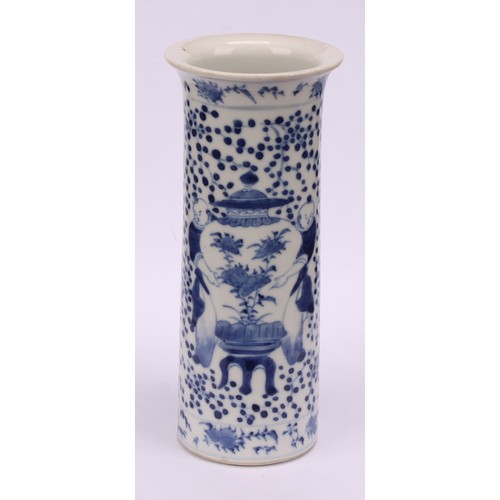 225 - A Chinese sleeve vase, painted in tones of underglaze blue with figures carrying temple jars, four c... 