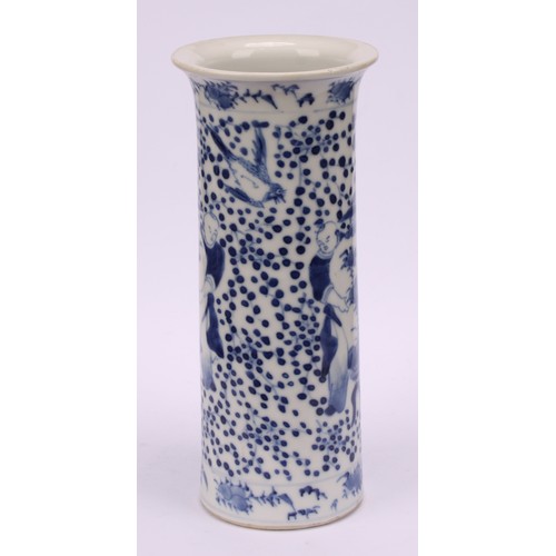 225 - A Chinese sleeve vase, painted in tones of underglaze blue with figures carrying temple jars, four c... 