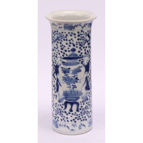 225 - A Chinese sleeve vase, painted in tones of underglaze blue with figures carrying temple jars, four c... 