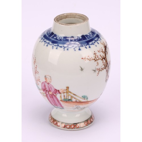 273 - An 18th century Chinese ovoid pedestal tea caddy, painted in polychrome with figures and a dog in co... 