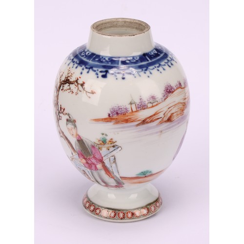 273 - An 18th century Chinese ovoid pedestal tea caddy, painted in polychrome with figures and a dog in co... 