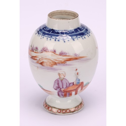 273 - An 18th century Chinese ovoid pedestal tea caddy, painted in polychrome with figures and a dog in co... 