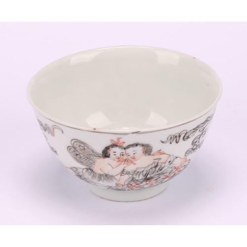 264 - A mid 18th century Chinese Jesuit tea bowl, painted en grisaille with putto and girl, with flowers a... 