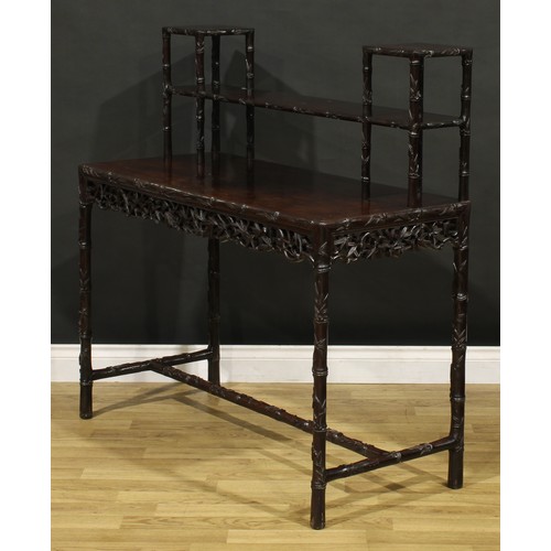 1229 - A Chinese hardwood display side table, open superstructure with provision for porcelain and precious... 