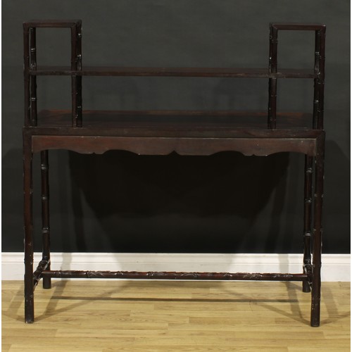 1229 - A Chinese hardwood display side table, open superstructure with provision for porcelain and precious... 