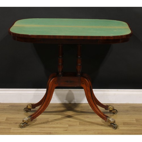 1425 - A Regency mahogany D-shaped card table, hinged top inlaid with naval anchors and enclosing a baize l... 