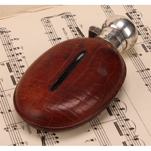 1922 - An Edwardian E.P.N.S mounted leather-clad oval hip flask, hinged domed cover, 13cm long, James Dixon... 