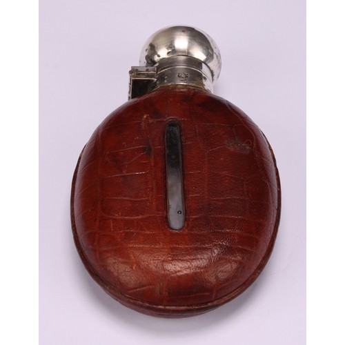 1922 - An Edwardian E.P.N.S mounted leather-clad oval hip flask, hinged domed cover, 13cm long, James Dixon... 