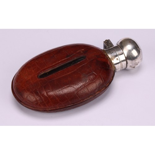 1922 - An Edwardian E.P.N.S mounted leather-clad oval hip flask, hinged domed cover, 13cm long, James Dixon... 