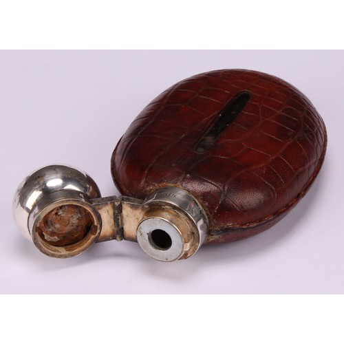 1922 - An Edwardian E.P.N.S mounted leather-clad oval hip flask, hinged domed cover, 13cm long, James Dixon... 