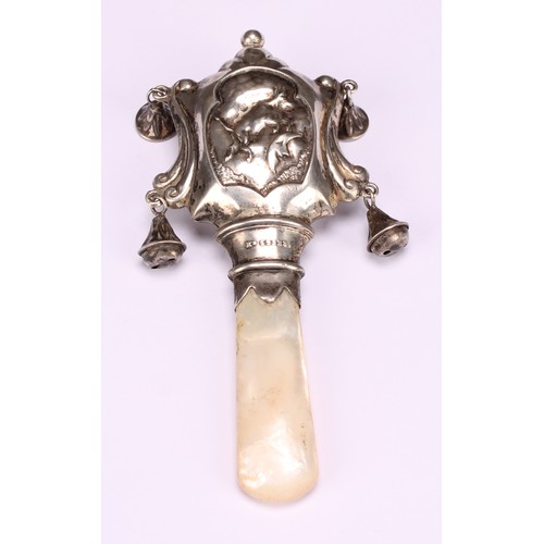 656 - A George V Scottish silver novelty nursery rhyme baby's rattle, embossed with the cow and the moon f... 