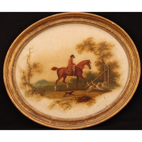 281 - English School (19th century)
Huntsman and Hounds,
oil on metal panel, oval, 33cm x 40cm