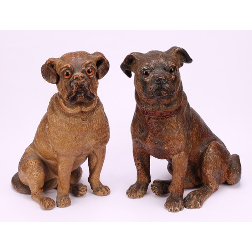 1308 - An Austrian painted terracotta model, of a pug, seated, 20cm high; another, c.1900