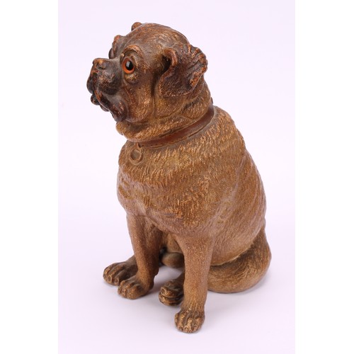 1308 - An Austrian painted terracotta model, of a pug, seated, 20cm high; another, c.1900