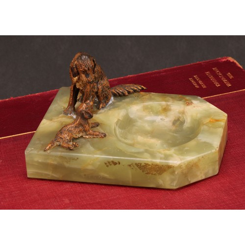 1307 - An Austrian cold painted bronze group, a dog and a pup, mounted on a green onyx pin dish, 8.5cm wide... 