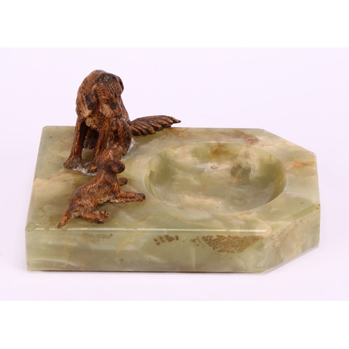 1307 - An Austrian cold painted bronze group, a dog and a pup, mounted on a green onyx pin dish, 8.5cm wide... 