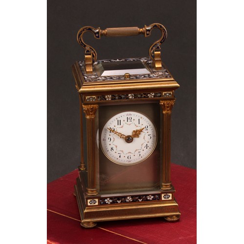 1552 - A large early 20th century gilt brass and champlevé enamel repeater carriage clock, 5.5cm circular e... 