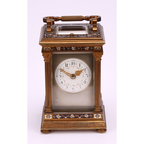 1552 - A large early 20th century gilt brass and champlevé enamel repeater carriage clock, 5.5cm circular e... 