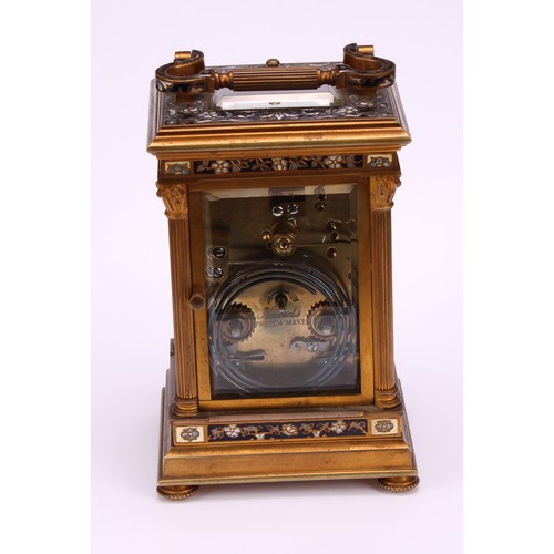 1552 - A large early 20th century gilt brass and champlevé enamel repeater carriage clock, 5.5cm circular e... 