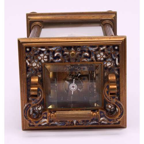 1552 - A large early 20th century gilt brass and champlevé enamel repeater carriage clock, 5.5cm circular e... 