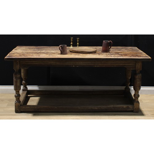 1358 - An 18th century and later oak refectory type dining table, plank top, turned legs, 73cm high, 176cm ... 