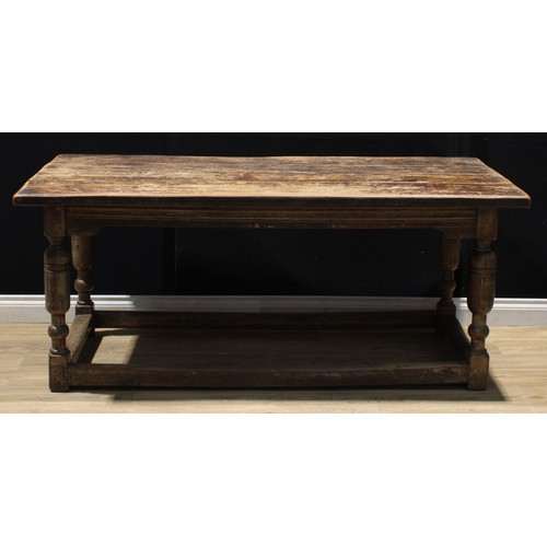 1358 - An 18th century and later oak refectory type dining table, plank top, turned legs, 73cm high, 176cm ... 