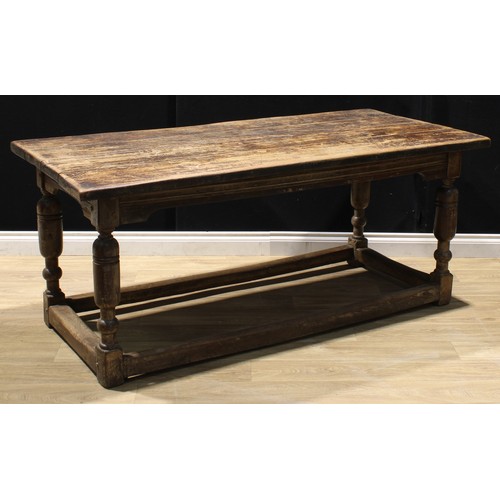 1358 - An 18th century and later oak refectory type dining table, plank top, turned legs, 73cm high, 176cm ... 