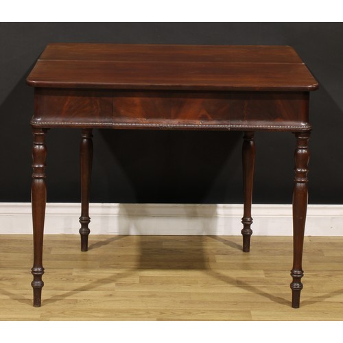 1484 - A 19th century mahogany tea table, hinged top above a frieze drawer, turned legs, 75.5cm high, 92cm ... 