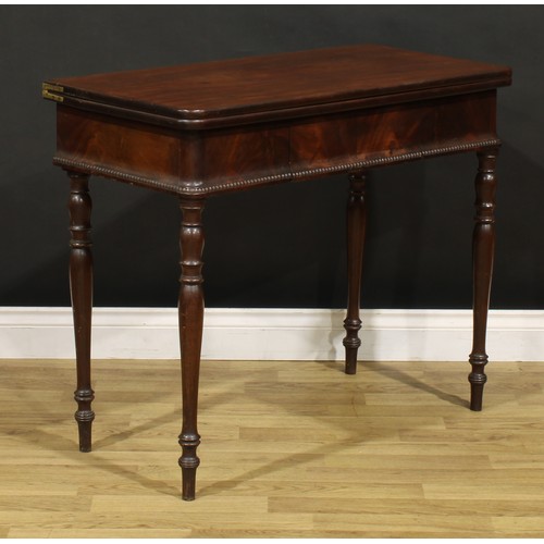 1484 - A 19th century mahogany tea table, hinged top above a frieze drawer, turned legs, 75.5cm high, 92cm ... 